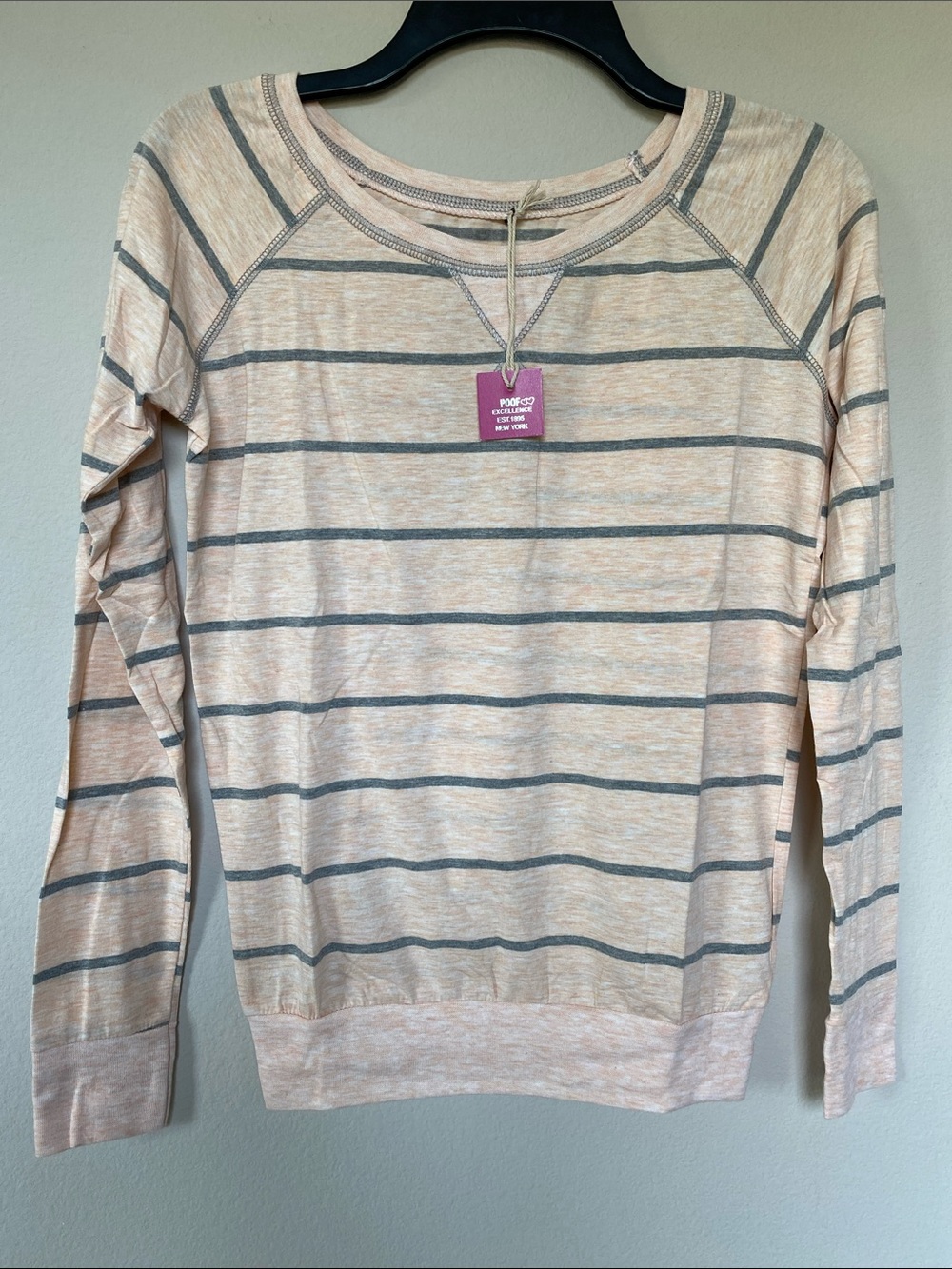 Poof Apparel Peach Long Sleeve Baseball Shirt with Grey Stripes